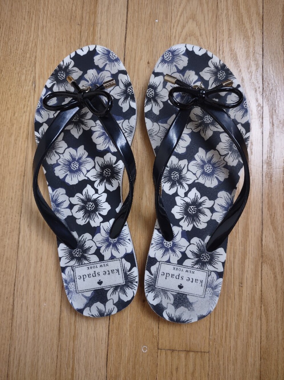 Kate Spade New York Floral Bow Flip Flops Sandals Women's Size 5/6 Black White